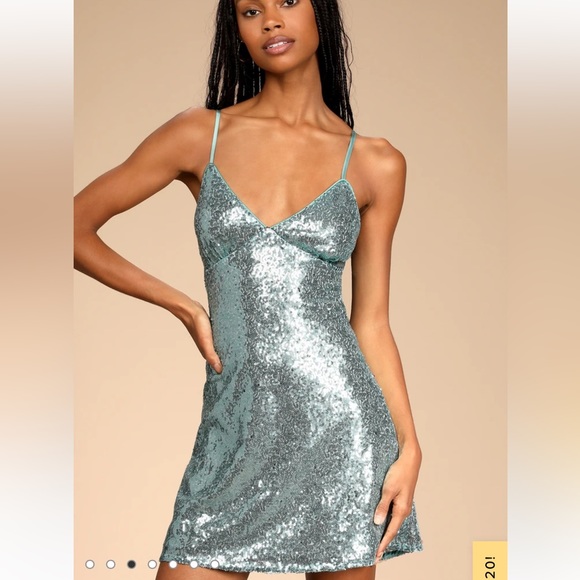 NWOT: Lulu’s Night of Perfection Mint Blue Sequin Cowl Back Mini Dress - Picture 6 of 6